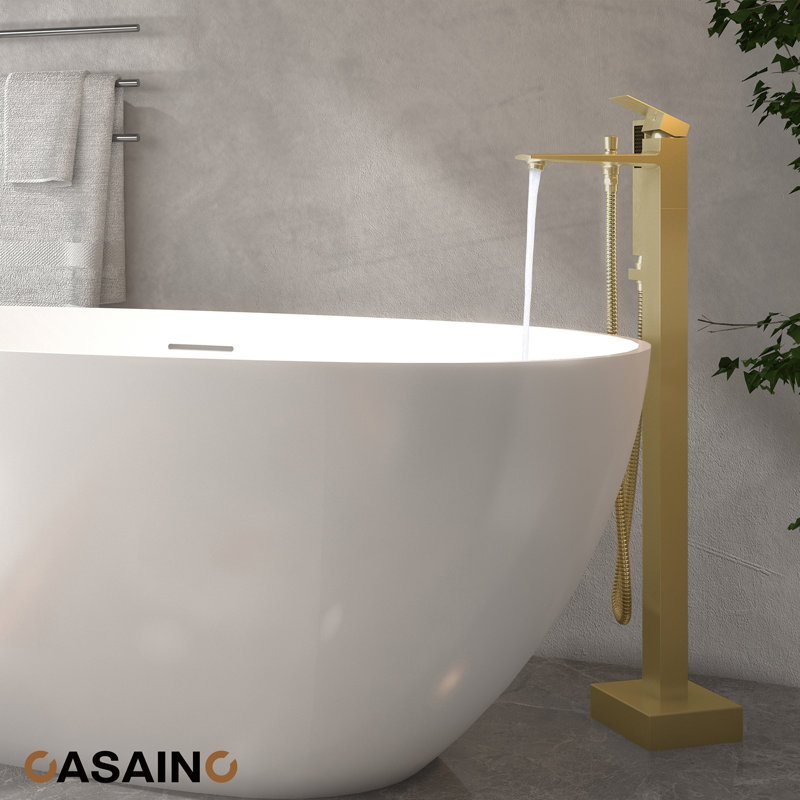 Single Handle Free Standing Bathtub Faucet with Diverter and Handshower, Brushed Gold