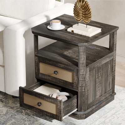 End Table for Living Room With Storage and Built-In Outlets,Boho Rattan Side Table With Drawer for Office,Bedroom