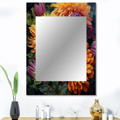 Orange orange mamans en fleurs - grand miroir mural floral, miroir décoratif traditionnel, impression d'art en métal