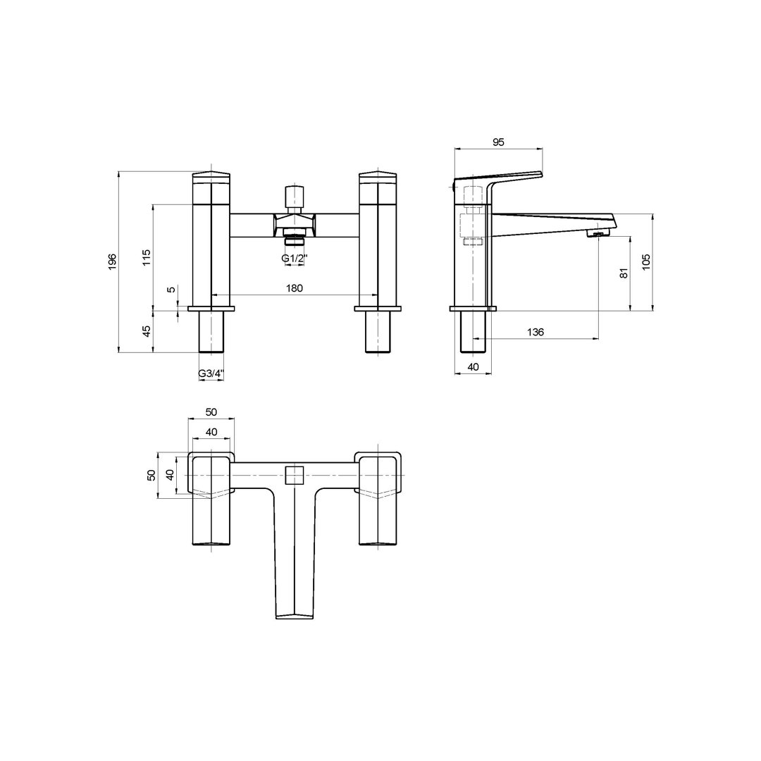 Oldaker 2 Handle Deck Bath Shower Mixer Bath Filler with Diverter