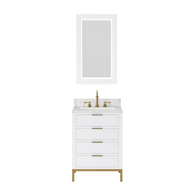 Meuble-lavabo de comptoir en marbre blanc 24 po avec miroir Bristol, Blanc pur, Miroir inclus