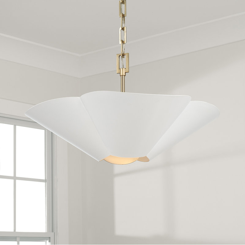 4-Light Modern Botanical Dual Mount Pendant in Matte White with Painted Matte Brass Interior and Square Designer Chain