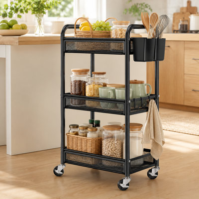 Chariot de rangement mobile breveté en métal renforcé multi-couches avec crochets à gobelets, revêtement résistant aux égratignures, chariot de rangement multi-scénario