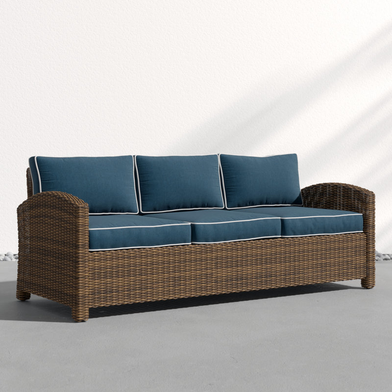 80.5'' Wide Metal Patio Sofa with Cushions, Navy, Brown