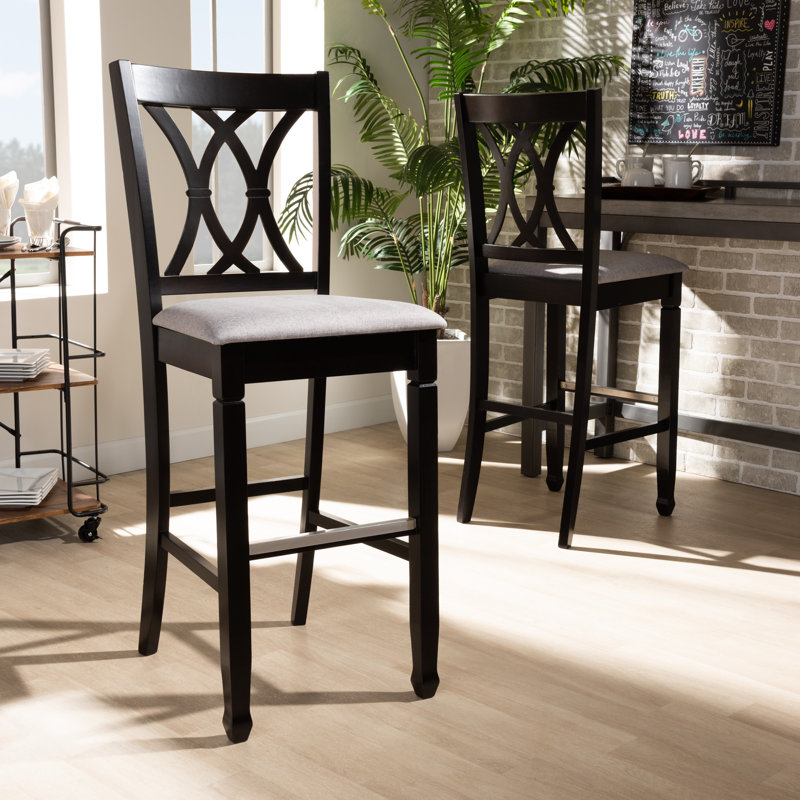 Upholstered Counter Stool with Solid Wood Frame, Counter Stool (24" Seat Height), Espresso Brown, Grey