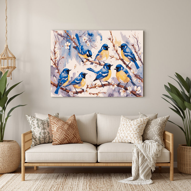 Oiseaux, mésange bleue, art mural en métal beige, H 20 po x l 30 po
