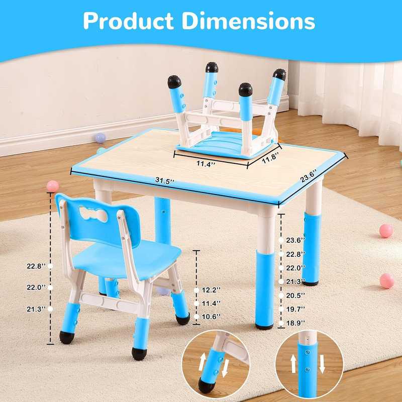 Ensemble de table pour enfants et 4 chaises, table pour tout-petits à hauteur réglable avec bureau Graffiti, Bleu