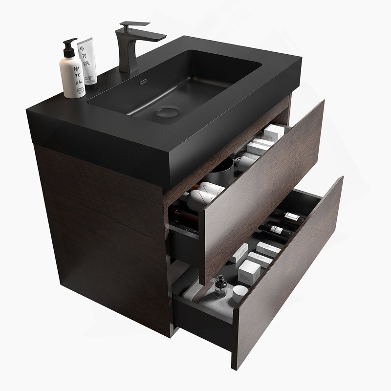 Meuble-lavabo mural flottant avec lavabo et rangement, 30", Noyer