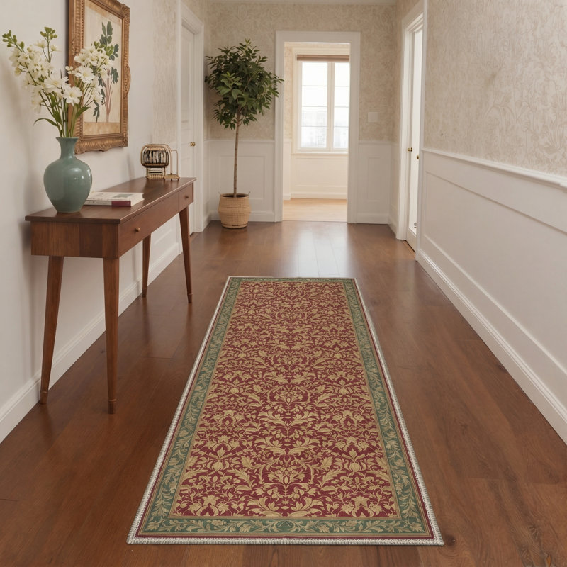 Florvyn Traditional Floral Machine Washable Green / Red / Yellow Indoor Area Rug with Non-Slip Backing, Runner 2'3" x 6'