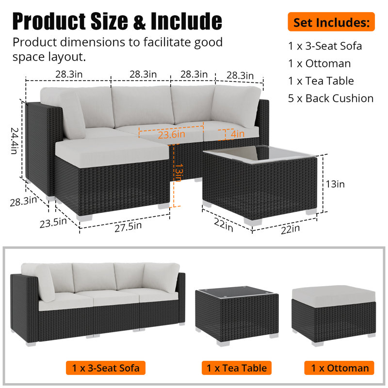 Canapé modulaire 5 pièces avec coussins pour balcon et jardin, Brun