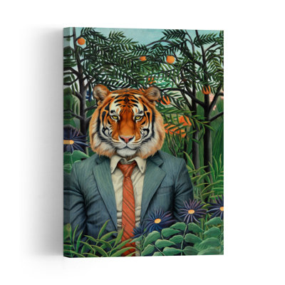 Dapper Tiger In Jungle Elegant Surreal Abstract Orange Tree Cat Tiger Forest Nature Wall Art Print 1 Piece Wrapped Canvas Wall Art