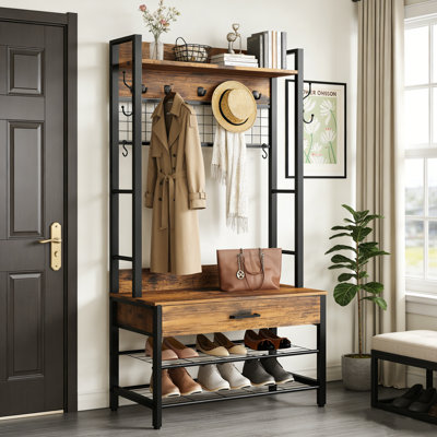 Hall Tree, Industrial Style Entryway Hall Tree With Bench And Storage, 5 In 1 Coat Rack With 1 Drawer & 13 Hooks, Freestanding Home Organizer For Living Room, Bedroom