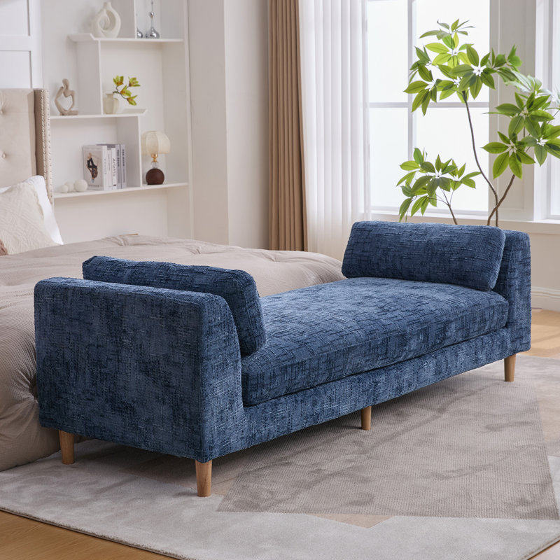 Huntoon 83" Chenille Upholstered Bench with Armrests & Bolster Pillows, Blue