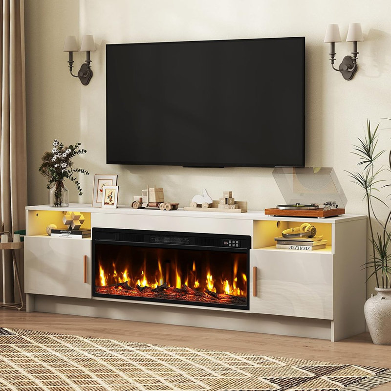 Meuble télé, foyer blanc de 36 po avec lumières DEL et centre de divertissement en bois moderne de 70 po avec rangement pour téléviseurs de 80 po ou moins