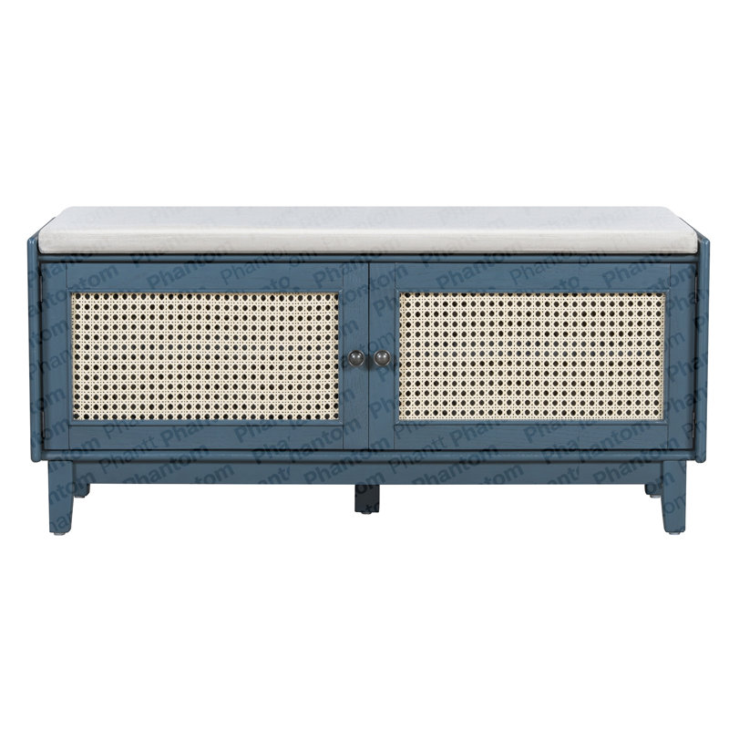 Boho Rattan Entryway Bench With Storage, Cushioned Shoe Bench With Double Doors, Wooden Shoe Organizer Bench For Entryway And Hallway (Antique Navy+Beige )