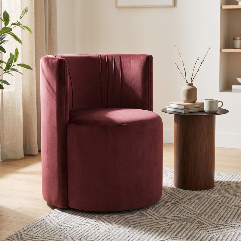 Velvet Upholstered Barrel Accent Chair with Casters, Burgundy