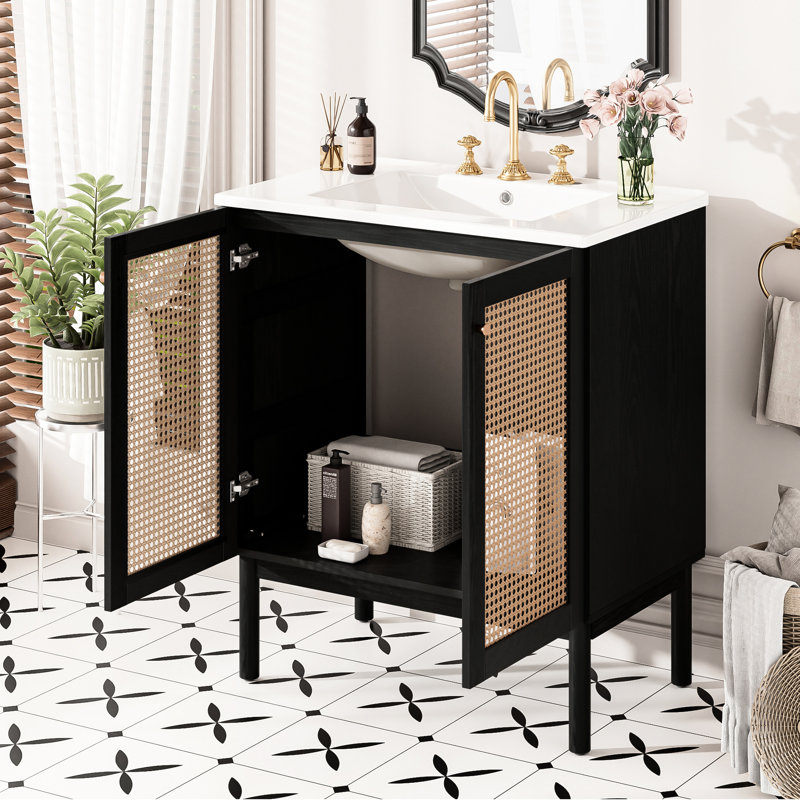 Meuble-lavabo de 30 pouces de matériaux naturels, offrant un assemblage facile et des portes de rangement généreuses à fermeture en douceur