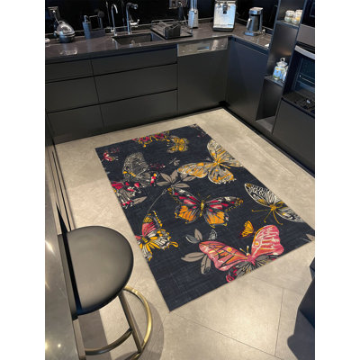 Tapis décoratif moderne à motif de papillons anthracite foncé Paris Collection