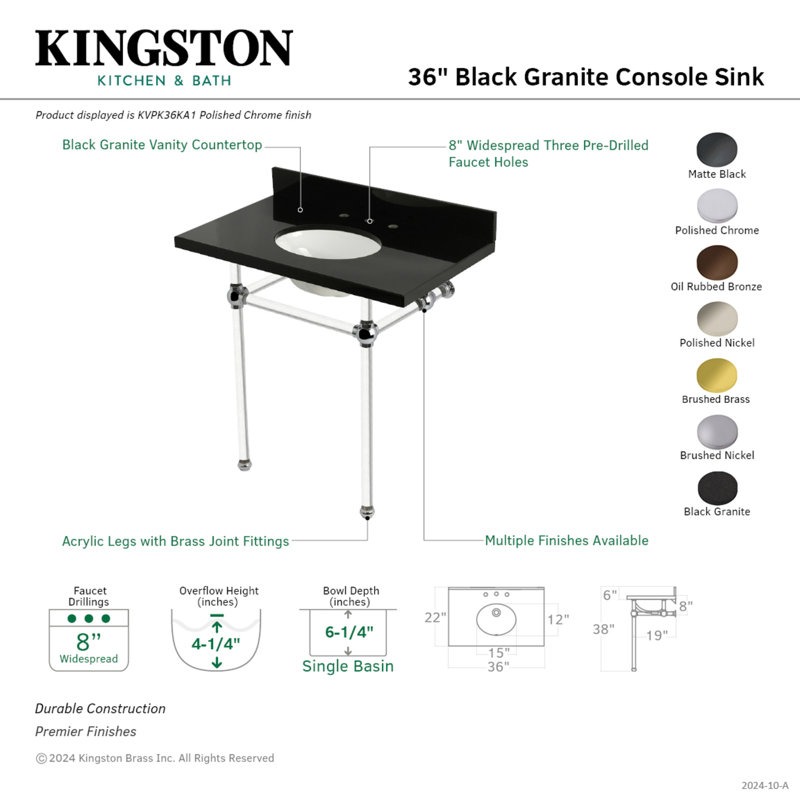 Kingston Brass Templeton 36-Inch Black Granite Console Sink with Acrylic Legs (8-Inch, 3-Hole), Black Granite/Matte Black