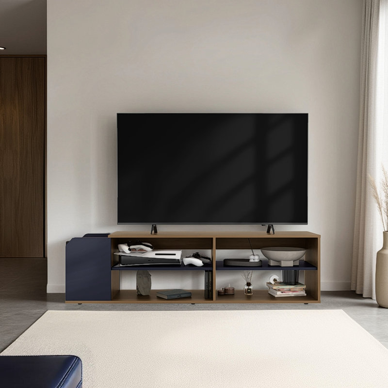 Meuble télé pour le salon, tablettes multimédia ouvertes, couleurs chêne naturel et bleu, poids de 47,84 lb, espace de divertissement compact, fini, produit 46,05