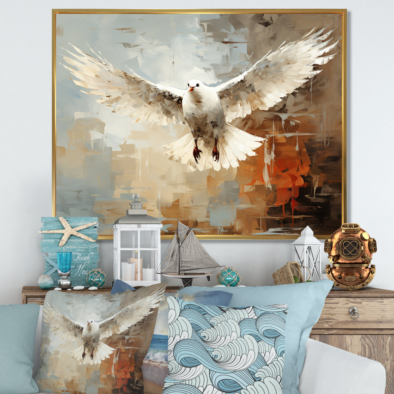 Art mural rétro, vol de mouettes 2, Cadre flottant doré, H 34 po x l 44 po x P 1,5 po
