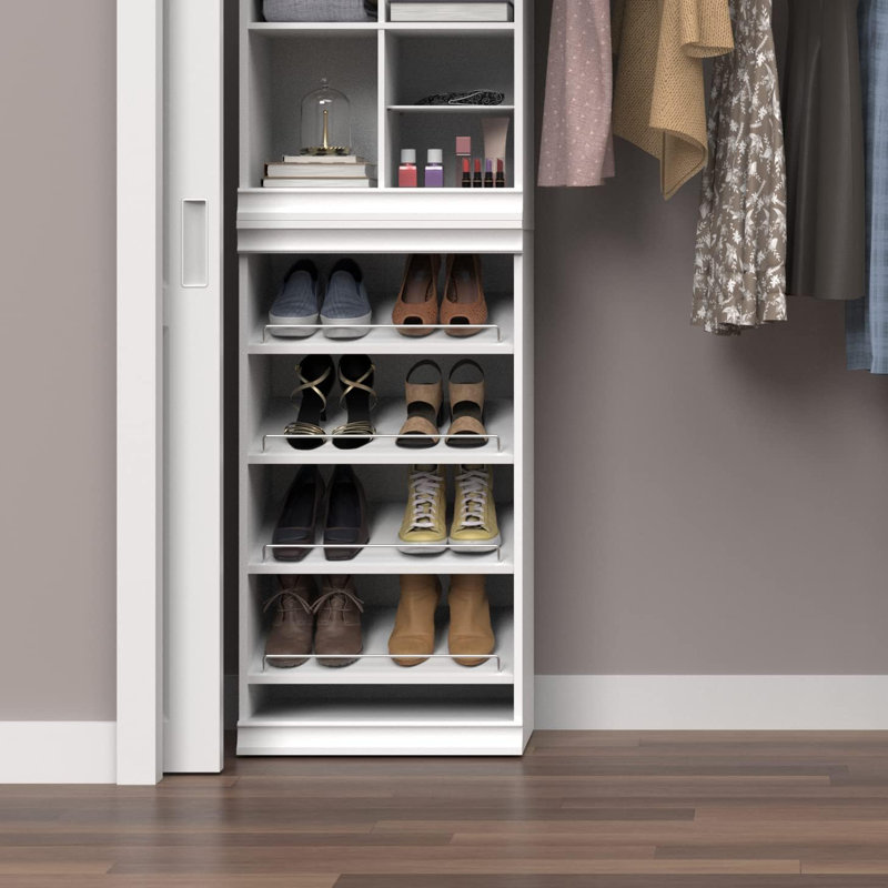 Modular Stackable Shoe Shelf Unit With Adjustable Angled Shelves And Decorative Trim For Closet Organization
