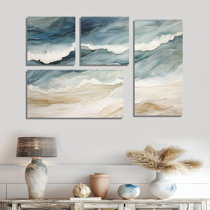«Modern Modern Blue and Beige Sand Vue aérienne III - Coastal Beach Sand», grandes impressions sur toile, 4 pièces