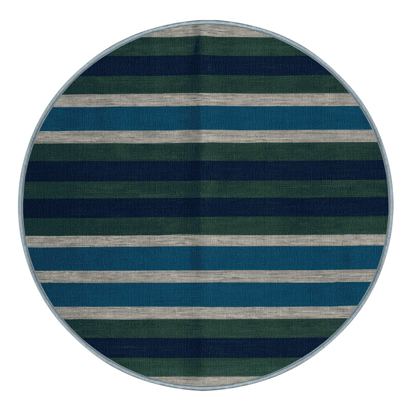 Machine Washable Horizontal Stripes Blue Area Rug, Round 7'