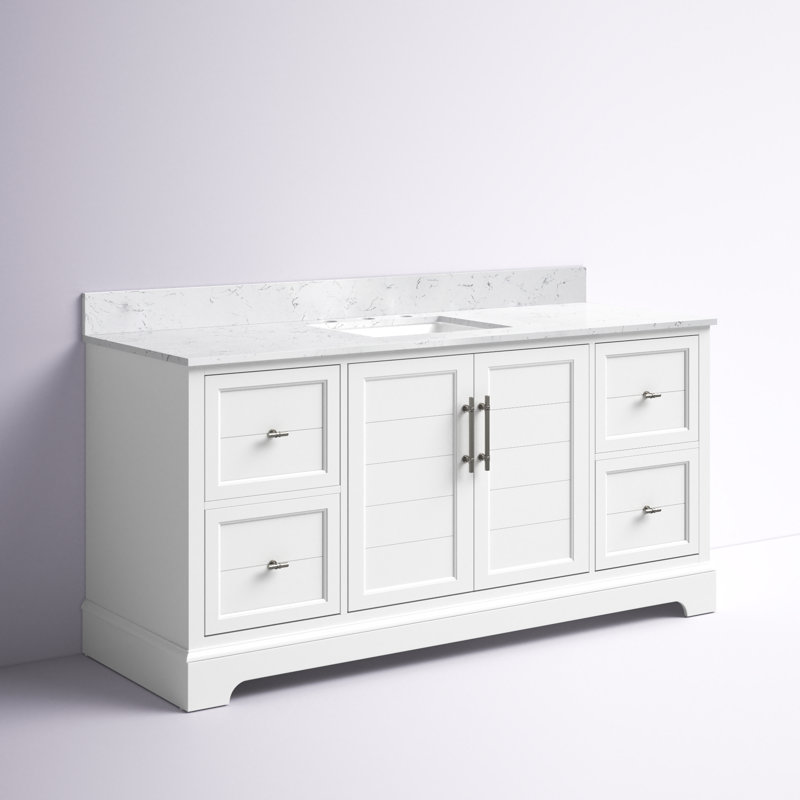 Ensemble de meuble-lavabo autoportant 60 po avec plateau en marbre d'ingénierie Twicken, Blanc