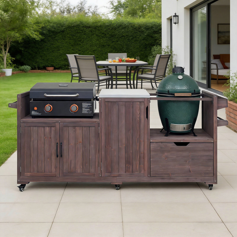 Large 80.5''W Rolling Outdoor Kitchen Island With Wheels And Stainless Steel Top, Wood Grill Cart For Big Green Egg& Blackstone Griddle