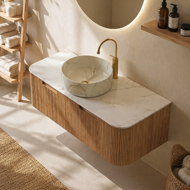 Meuble-lavabo mural 48 po avec lavabo, 2 tiroirs et lavabo rond blanc en céramique, pré-assemblé, Natura