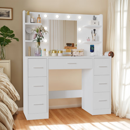 110cm Dressing Table With Power Outlet And Dryer Hook Modern Bulb Light Makeup Vanity