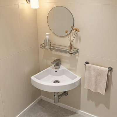 Vasque murale triangulaire en porcelaine blanche, 45,7 cm x 33 cm, avec un trou pour robinet et un trop-plein.
