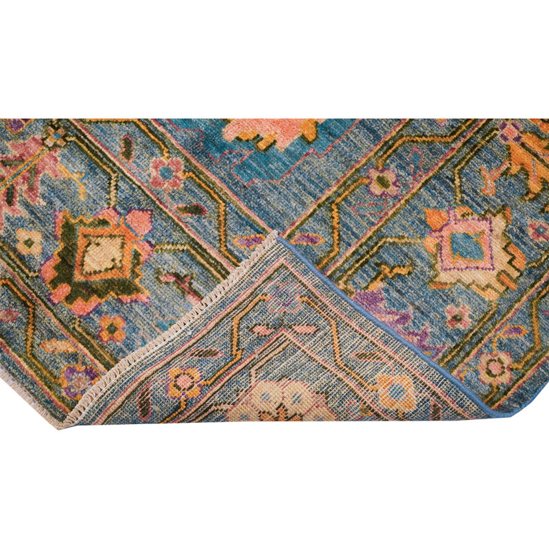 Tapis bleu ciel / jaune / vert noué à la main de haute qualité