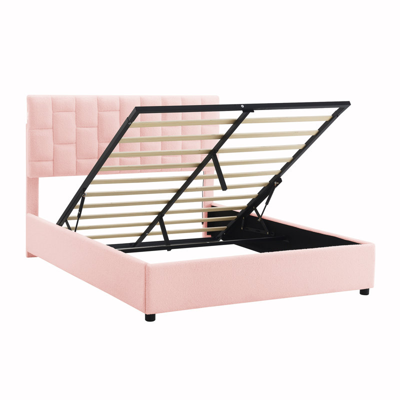Lit plateforme tapissier avec rangement Huldia, Rose
