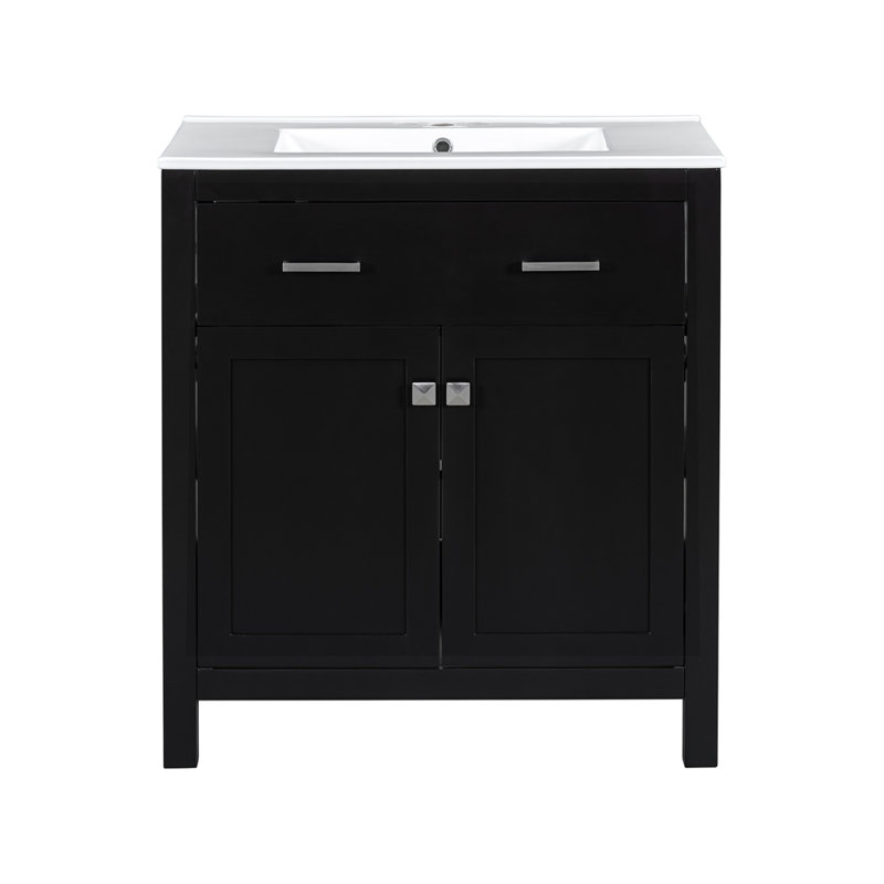Meuble-lavabo moderne de 30 po avec lavabo en céramique, meuble-lavabo simple moderne avec 2 portes et une tablette, Noir