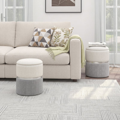 Ebern Designs Linen Fabric Storage Ottoman Set Of 2 Modern Round Ottoman With Storage For Bedroom