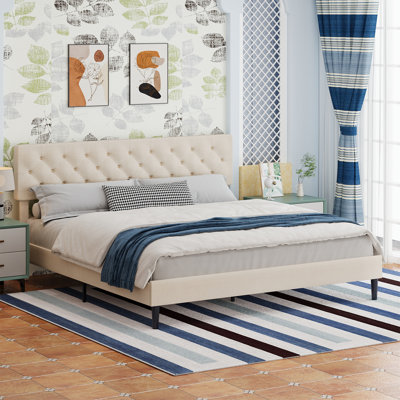 Bed Frames with Button Tufted Headboard, Linen Upholstered Platform Bed with Wooden Slats Support, Easy Assembly, No Box Spring Required