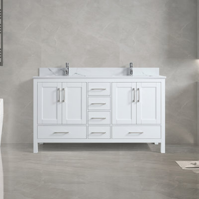 Jaheam 60 po L x 22 po P 4 portes et 6 tiroirs Meuble-lavabo autoportant avec évier double et Comptoir en Marbre de Calcutta d'ingénierie