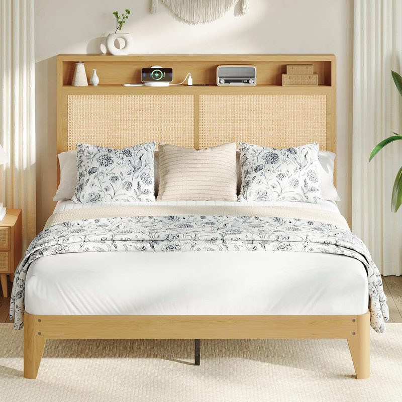 Full Bed Frame with Natural Rattan Headboard, Bohemian Bed Frame with LED Lights & Charging Station, 2 Tier Storage Headboard, Under Bed Storage, No Box Spring Needed