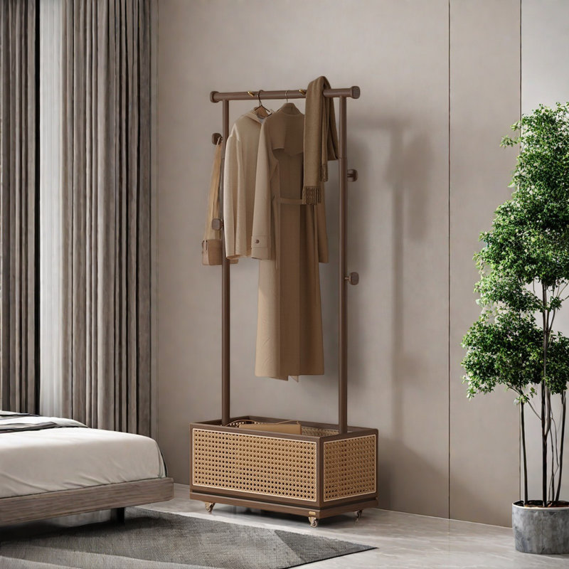 Wood Coat Rack Rattan Basket Round Hooks