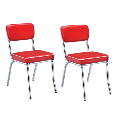 Laketon Dining Side Chair, Retro Red Faux Leather, Chrome Metal Legs