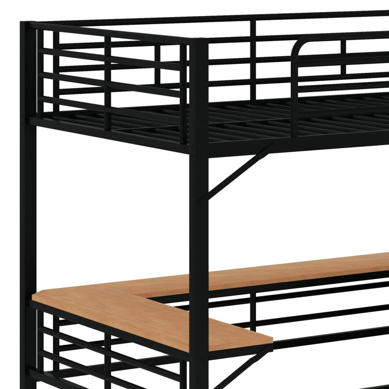 Lit mezzanine industriel en métal avec bureau à trois niveaux en forme de L, Noir, Lit double