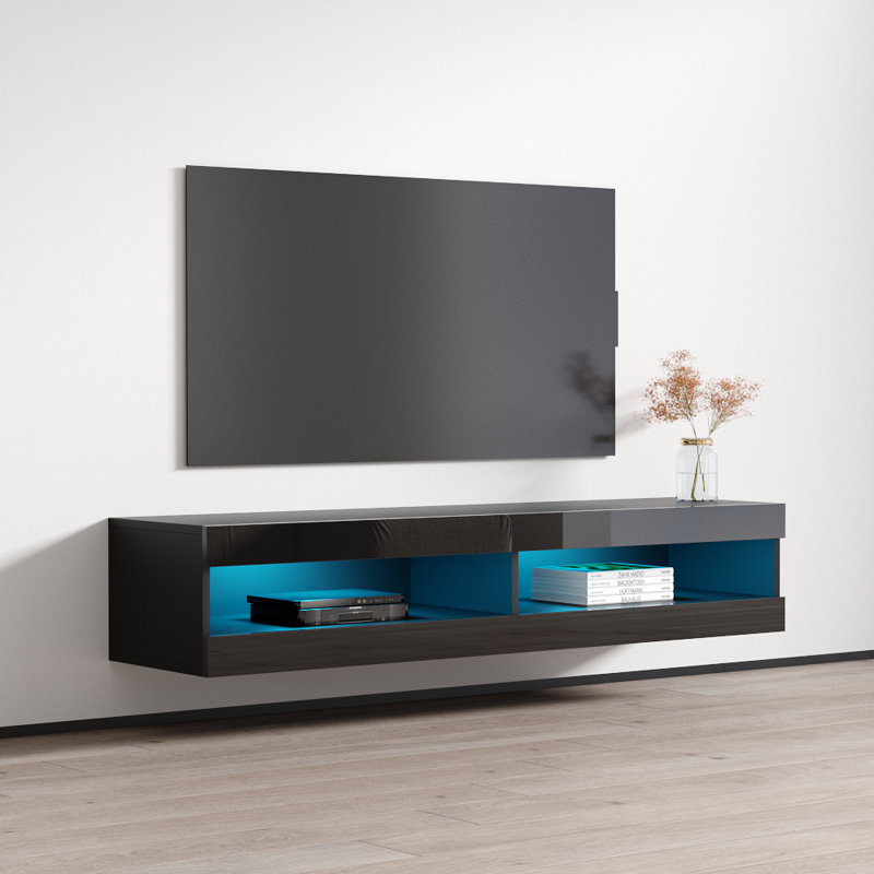 Fly 63" Modern Floating Wall Mounted TV Stand with LED Lighting, High Gloss Finish, Black