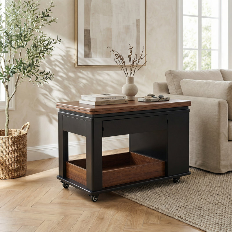 Table basse polyvalente moderne et polyvalente avec plateau pliable, roulettes lisses et rangements à plusieurs niveaux au fini noir et noyer