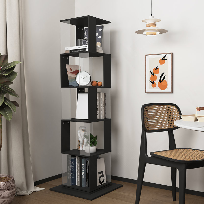 Bibliothèque rotative à 5 niveaux, support de plancher avec plaque en acrylique et base anti-arrachement, Noir