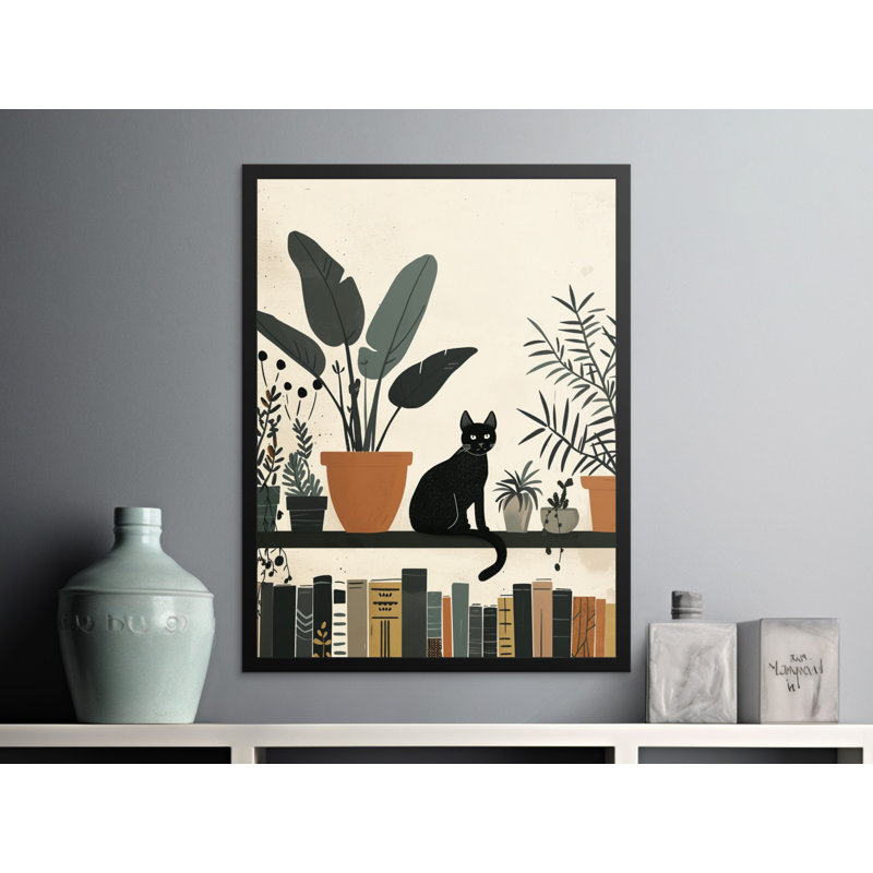 Black Cat Wall Art, Plant Art Print, Cat on Bookshelf Poster, Home Decor, Framed Art, Multiple Sizes, Modern Art