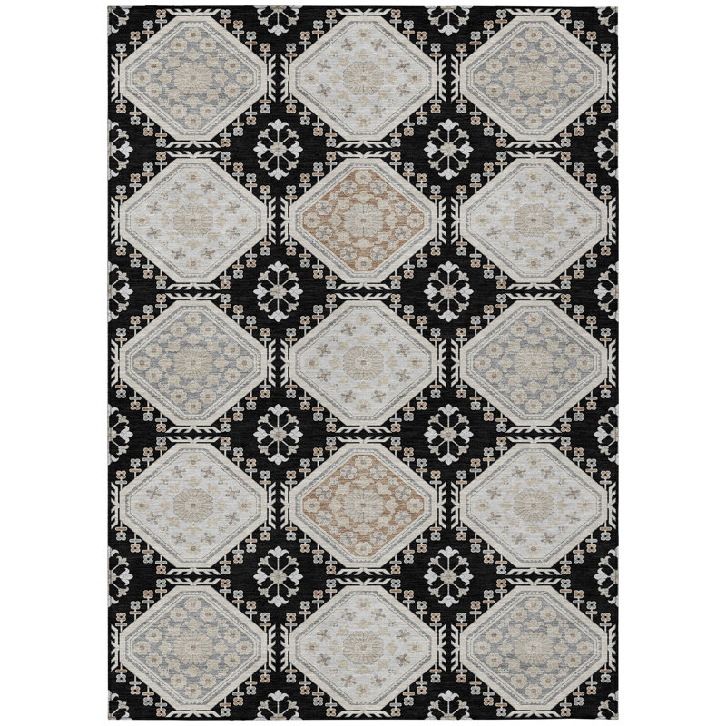 3' X 5' Black And Silver Floral Washable Indoor Outdoor Area Rug
