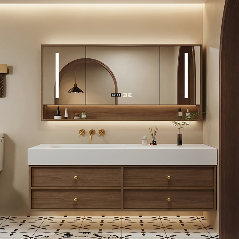 Armoire de salle de bain moderne de style médiéval, L 55 po, Burlywood