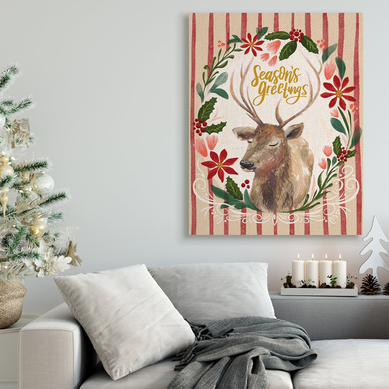 Portrait de rennes doux avec couronne de fêtes Seasons Greetings, H 48 po x l 36 po, Toile tendue